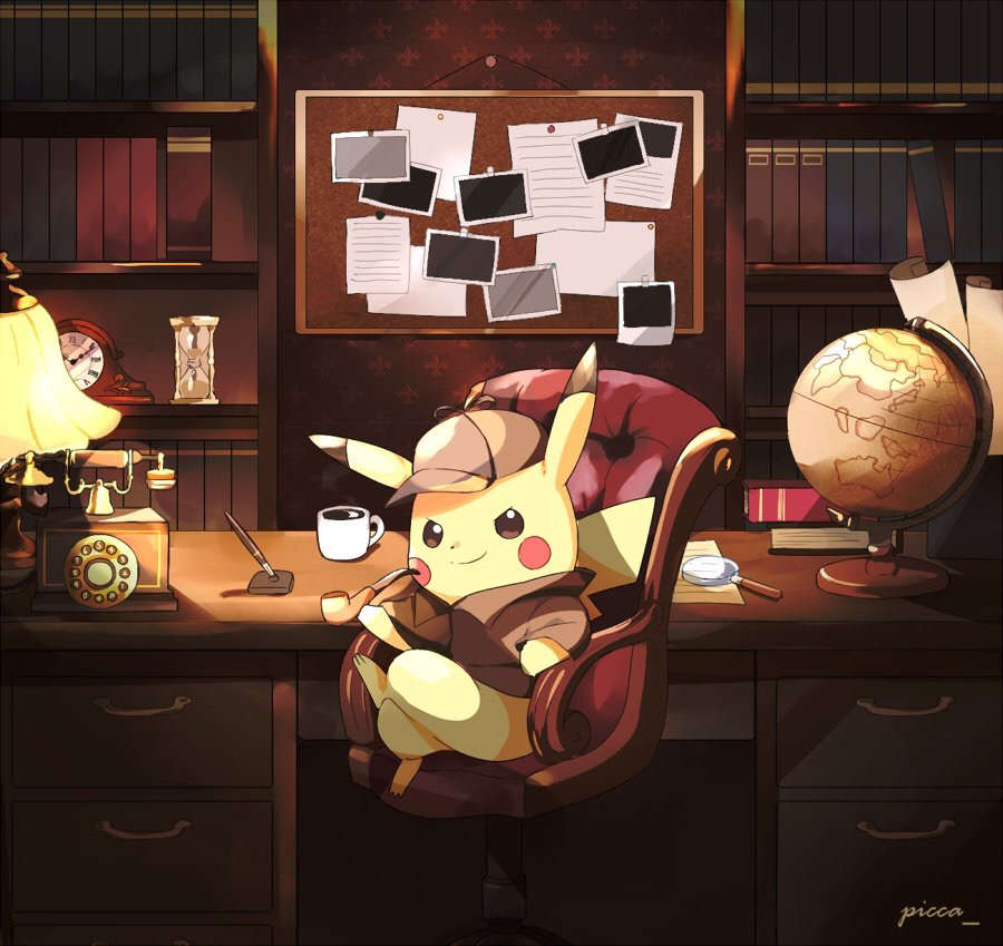 book bookshelf brown_hat brown_jacket bulletin_board chair clock closed_mouth clothed_animal coffee coffee_mug crossed_legs cup deerstalker desk detective_pikachu drawer fleur_de_lis fountain_pen full_body gen_1_pokemon globe great_detective_pikachu:_the_birth_of_a_new_duo hat holding holding_pipe hourglass indoors jacket lamp long_sleeves looking_at_viewer magnifying_glass mantle_clock mei_(maysroom) mug no_humans office office_chair pen pen_holder phone photo_(object) pikachu pipe pokemon pokemon_(creature) roman_numerals rotary_phone sitting smirk solo timestamp twitter_username v-shaped_eyebrows