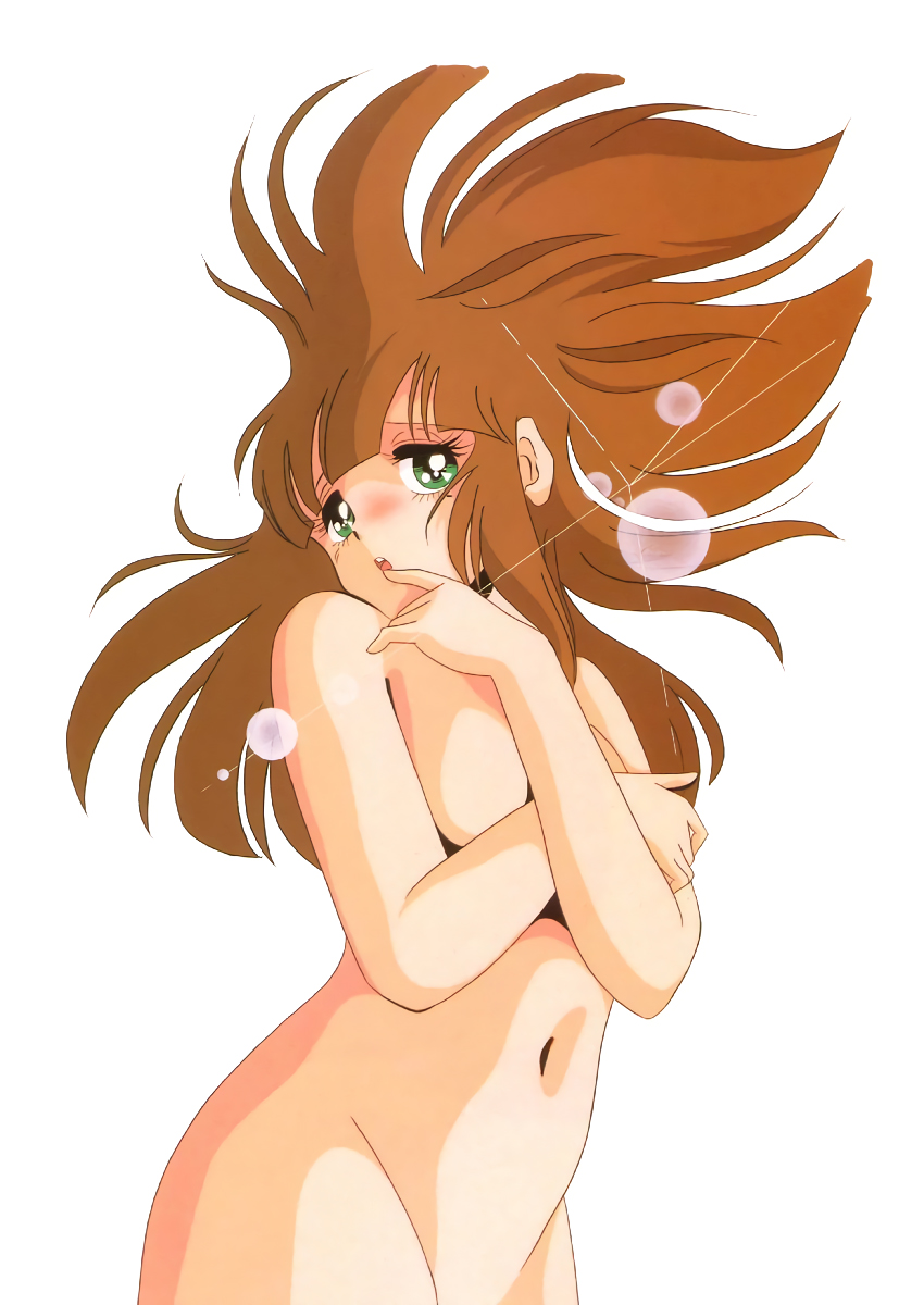 80s blush brown_hair covering covering_breasts cream_lemon crossed_arms escalation finger_to_mouth floating_hair green_eyes highres long_hair navel nose_blush nude official_art oldschool open_mouth out-of-frame_censoring simple_background solo white_background