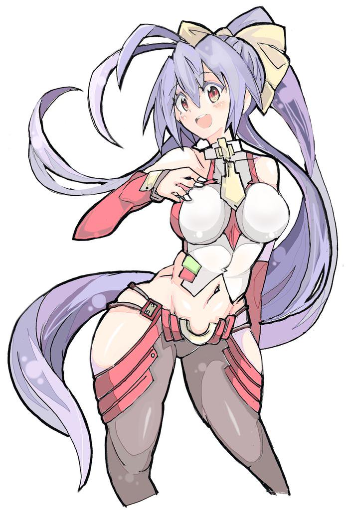 1girl blazblue blazblue:_central_fiction blazblue_variable_heart blue_hair breasts empe0317 enpe hair_ribbon hand_on_chest large_breasts mai_natsume muscle orange_eyes purple_hair solo stomach tagme thighs