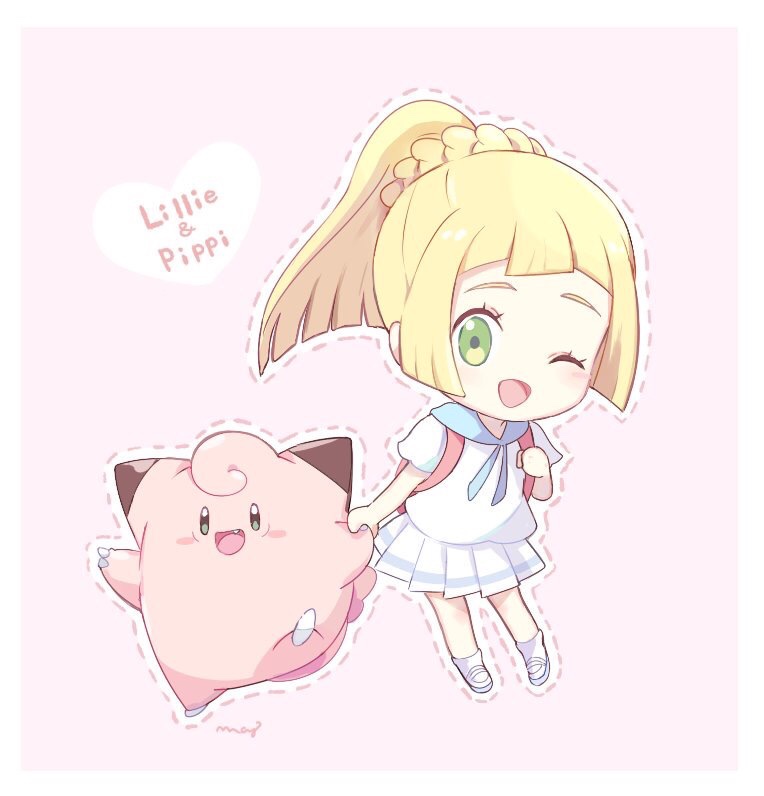 :d ;d backpack bag bangs blonde_hair blush_stickers border braid character_name chibi clefairy fang french_braid full_body gen_1_pokemon green_eyes heart holding_hands holding_strap lillie_(pokemon) long_hair looking_at_viewer mei_(maysroom) one_eye_closed open_mouth outline pink_background pleated_skirt pokemon pokemon_(creature) pokemon_(game) pokemon_sm ponytail school_uniform serafuku shirt short_sleeves sidelocks signature simple_background skirt smile socks standing straight_hair white_border white_footwear white_legwear white_shirt white_skirt