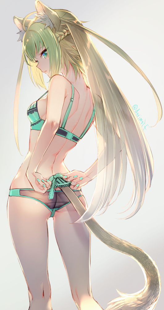ahoge animal_ears ass atalanta_(fate) blonde_hair bra braid breasts butt_crack fate/apocrypha fate/grand_order fate_(series) from_behind gradient gradient_background green_bra green_eyes green_hair green_panties long_hair looking_back miyuki_ruria multicolored_hair nail_polish panties parted_lips ribbon see-through side_braid sideboob simple_background small_breasts solo strap_gap tail tail_ribbon twitter_username two-tone_hair two_side_up underwear underwear_only