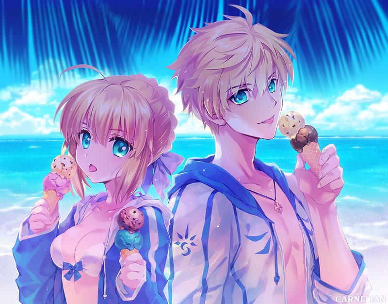 1girl ahoge arthur_pendragon_(fate) artoria_pendragon_(all) artoria_pendragon_(swimsuit_archer) bikini blonde_hair blue_eyes blush breasts carnelian commentary_request day eating fate/grand_order fate/stay_night fate_(series) food green_eyes holding ice_cream ice_cream_cone looking_at_viewer open_mouth saber short_hair swimsuit tongue tongue_out white_bikini