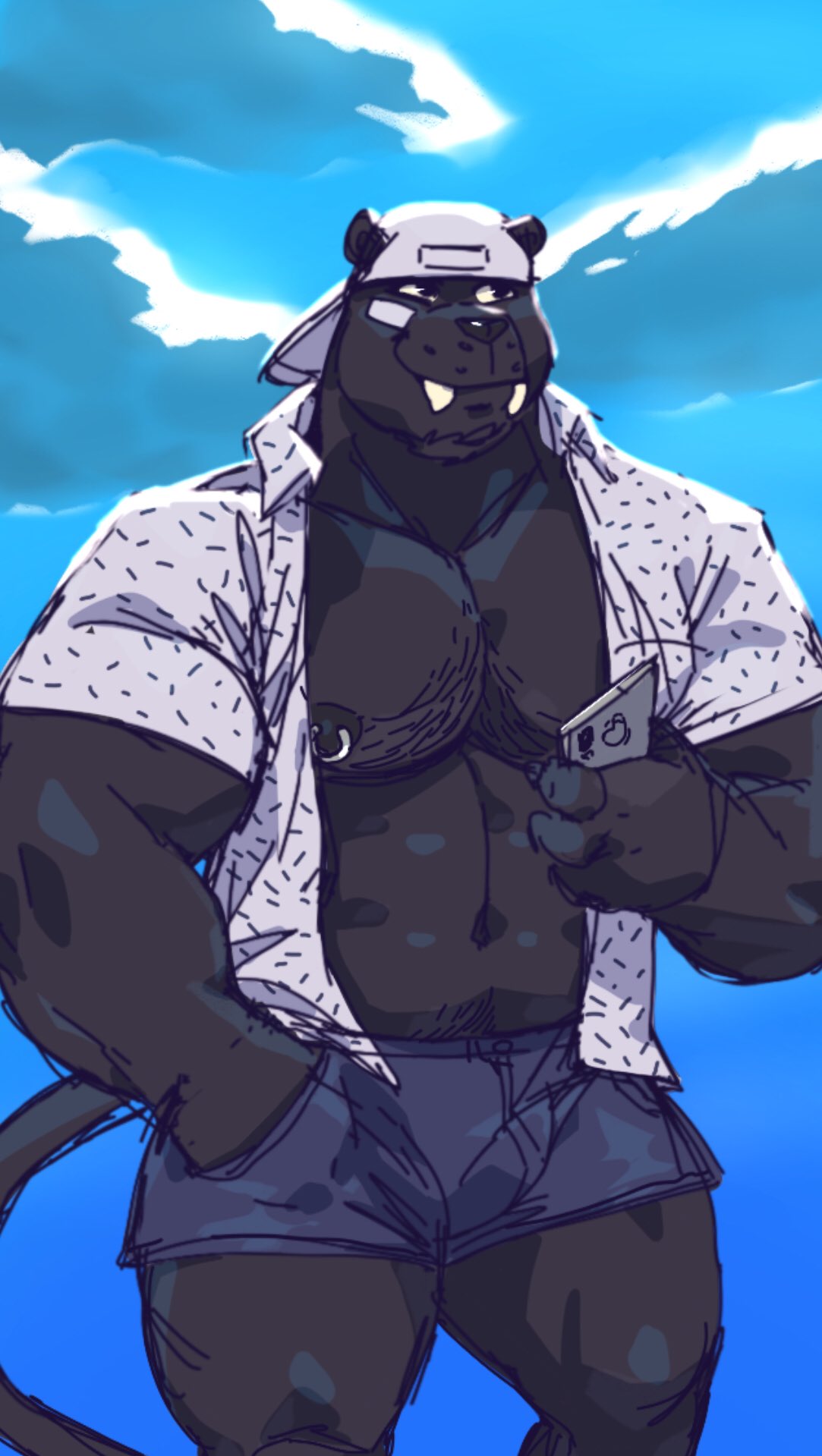 2018 anthro backwards_baseball_cap bandage baseball_cap body_hair cellphone chest_hair clothed clothing cloud feline hat holding_cellphone male mammal muscular muscular_male navel nipple_piercing nipples open_shirt pecs phone piercing saber-toothed_cat shorts sky smile solo taoren