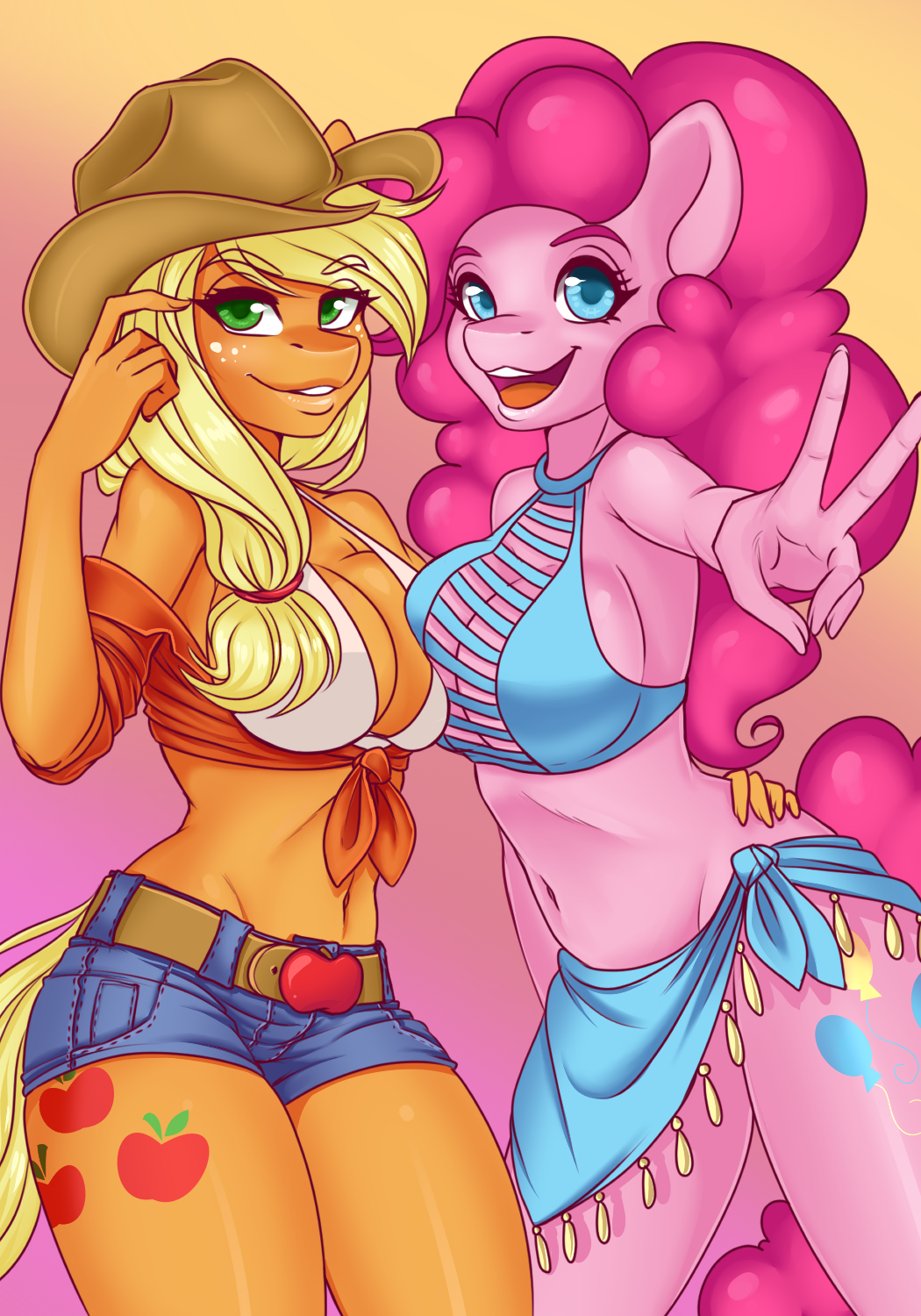 2017 5_fingers anthro applejack_(mlp) belt big_breasts blonde_hair blue_eyes bra breast_squish breasts bumblebun cleavage clothed clothing cowboy_hat crop_top cute cutie_mark earth_pony equine eyebrows eyelashes female freckles friendship_is_magic fully_clothed gradient_background green_eyes grin hair hair_tie half-closed_eyes hat hi_res horse long_hair looking_at_viewer mammal midriff my_little_pony navel open_mouth open_smile pink_hair pinkie_pie_(mlp) pony portrait pose shirt shorts simple_background smile standing teeth thick_thighs three-quarter_portrait tongue underwear v_sign