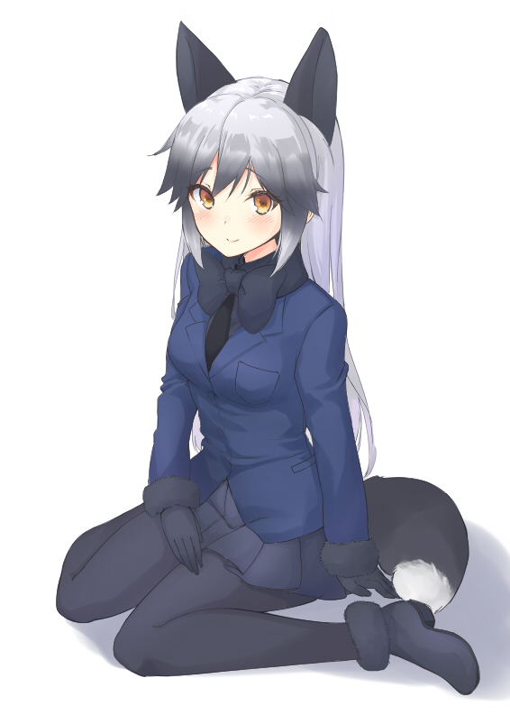 animal_ears ankle_boots bangs black_footwear black_gloves black_legwear black_neckwear black_shirt blue_jacket boots bow bowtie closed_mouth commentary_request dress_shirt fox_ears fox_tail full_body fur-trimmed_boots fur-trimmed_sleeves fur_trim gloves gradient_hair grey_hair jacket kemono_friends long_hair long_sleeves looking_at_viewer multicolored_hair pantyhose shadow shirt silver_fox_(kemono_friends) silver_hair simple_background sitting smile solo tail uro wariza white_background