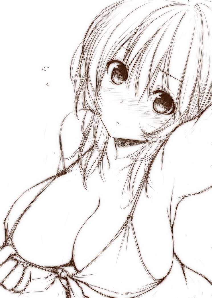 arm_up bikini_pull blush breasts cleavage collarbone commentary eyebrows_visible_through_hair flying_sweatdrops front-tie_bikini front-tie_top greyscale hair_between_eyes head_tilt large_breasts looking_at_viewer monochrome no_hat no_headwear nori_tamago nose_blush saigyouji_yuyuko short_hair simple_background sketch solo swimsuit touhou upper_body white_background work_in_progress