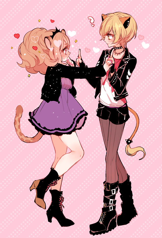 ? animal_ears big_hair black_choker black_footwear black_jacket black_shorts blonde_hair blush boots brown_legwear cheety_(show_by_rock!!) chino_machiko choker closed_mouth dress eye_contact fingerless_gloves from_side gloves heart high_heel_boots high_heels holding_hands jacket jewelry koi_dance laina_(show_by_rock!!) light_brown_hair long_sleeves looking_at_another multiple_girls necklace pantyhose pink_background profile purple_dress shirt short_dress short_hair short_shorts shorts show_by_rock!! smile standing standing_on_one_leg tail white_shirt yuri