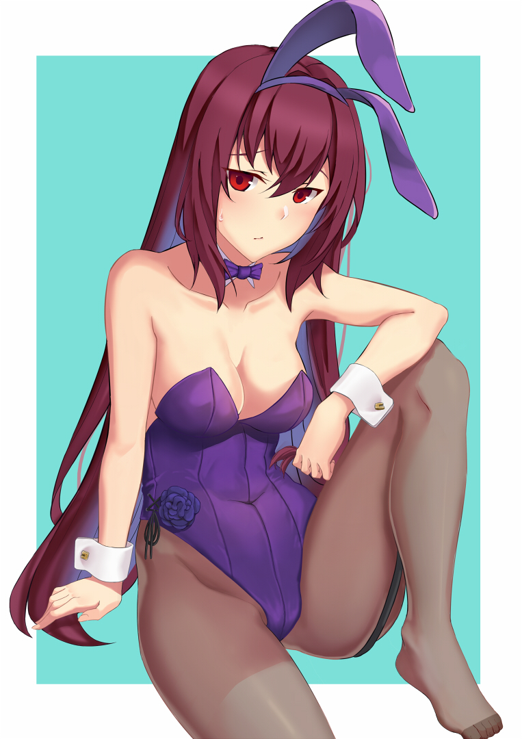 animal_ears blush bow bowtie breasts bunny_ears bunnysuit collarbone covered_navel detached_collar fate/grand_order fate_(series) flower large_breasts leg_up leotard long_hair looking_at_viewer mo_shi no_shoes pantyhose purple_flower purple_hair purple_rose red_eyes rose scathach_(fate)_(all) scathach_(fate/grand_order) seamed_legwear solo strapless strapless_leotard toes two-tone_background wrist_cuffs