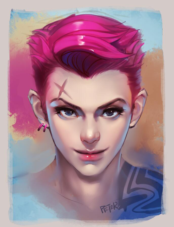 artist_name blue_eyes closed_mouth eyelashes face jewelry lips looking_at_viewer nose overwatch peter_xiao pink_hair portrait realistic scar short_hair single_earring solo tattoo undercut upper_body zarya_(overwatch)