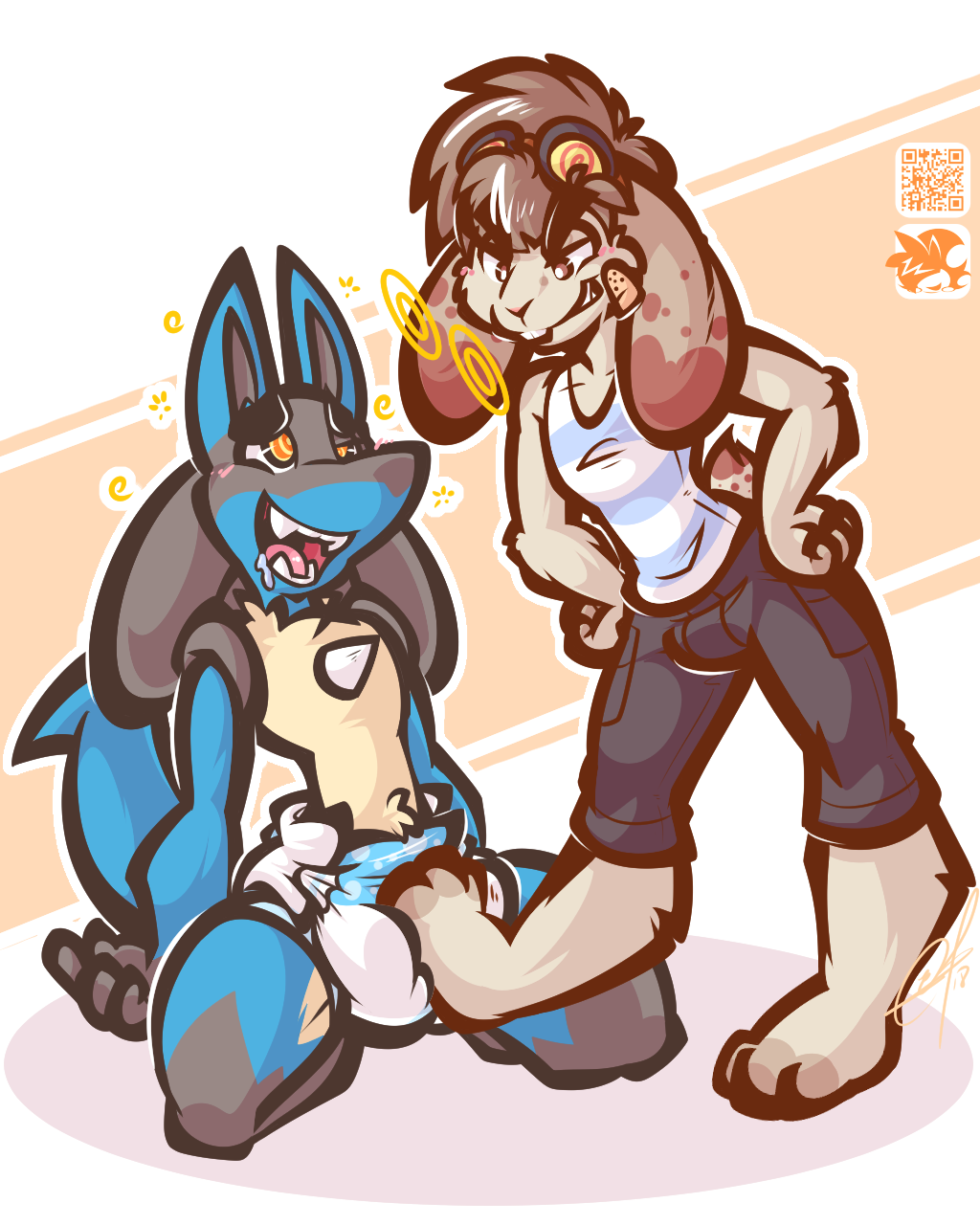 anthro barefoot clothed clothing diaper drooling fully_clothed hypnosis infantilism kneeling lagomorph lilchu lucario male male/male mammal mind_control nintendo pok&eacute;mon pok&eacute;mon_(species) rabbit saliva spiral_eyes video_games