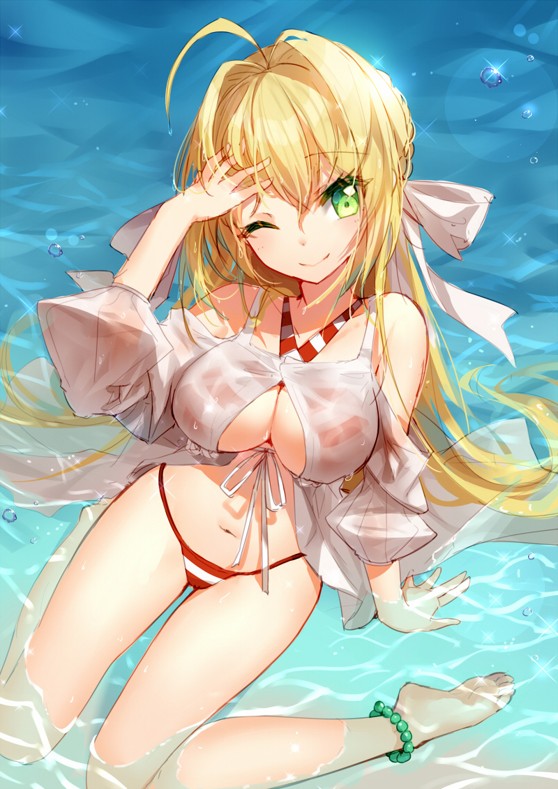 ;) ahoge anklet arm_at_side arm_support barefoot bikini bison_cangshu blonde_hair breasts cleavage commentary_request criss-cross_halter day fate/grand_order fate_(series) from_above front-tie_top green_eyes hair_intakes halterneck hand_in_hair hand_up jewelry large_breasts navel nero_claudius_(fate)_(all) nero_claudius_(swimsuit_caster)_(fate) one_eye_closed outdoors partially_submerged see-through side-tie_bikini sitting smile solo sparkle striped striped_bikini swimsuit wariza water water_drop wet wet_hair