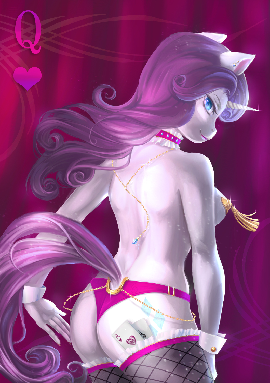 &lt;3 2018 5_fingers anthro blue_eyes breasts burlesque butt card catofrage clothed clothing collar curtains cutie_mark equine eyebrows eyelashes female fishnet fishnet_legwear friendship_is_magic hair hi_res horn inside legwear long_hair looking_at_viewer looking_back mammal my_little_pony panties playing_card portrait pose purple_hair rarity_(mlp) rear_view side_boob smile solo standing tassels thick_thighs thigh_highs three-quarter_portrait topless underwear unicorn wrist_cuff