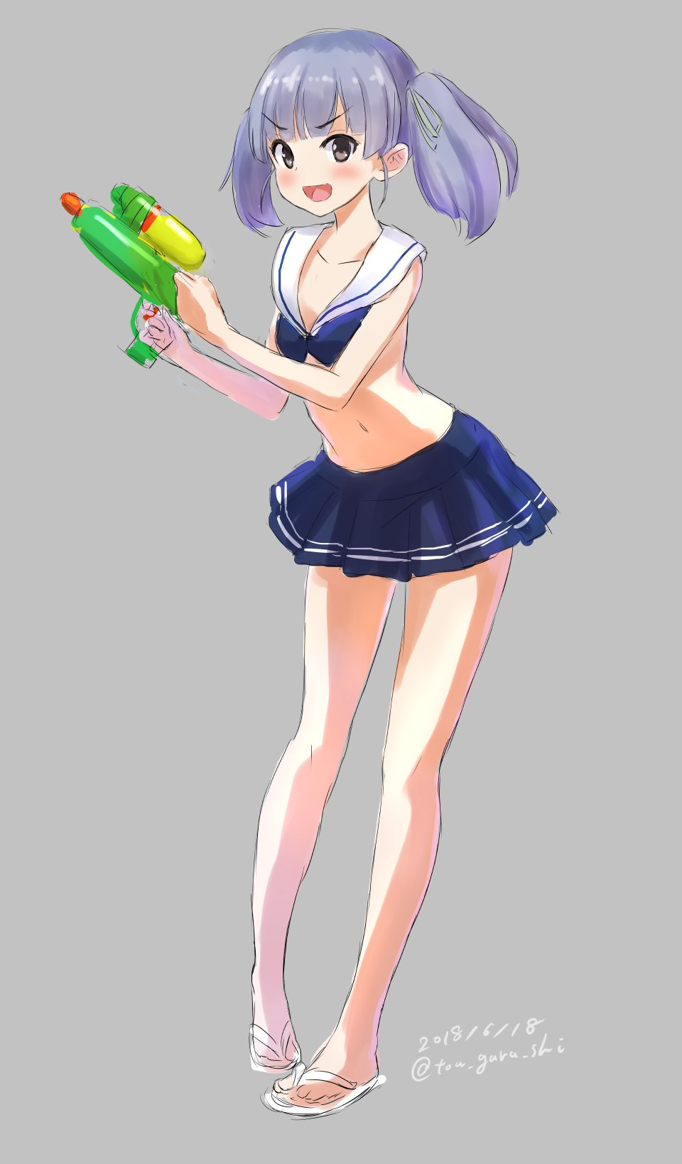 bikini bikini_skirt blue_bikini blue_skirt blush collarbone dated eyebrows_visible_through_hair full_body grey_background grey_hair highres kantai_collection karashi_(tou_gara_shi) long_hair looking_at_viewer navel ooshio_(kantai_collection) open_mouth pleated_skirt sailor_bikini sailor_collar sandals short_twintails simple_background skirt solo swimsuit twintails twitter_username water_gun white_sailor_collar