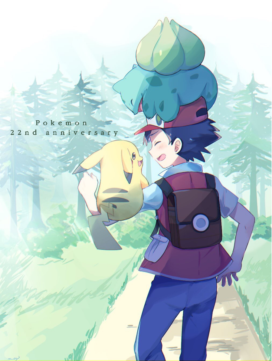 ^_^ anniversary backpack bag baseball_cap black_hair blue_pants bulbasaur bush closed_eyes commentary day english from_behind gen_1_pokemon grass hat high_collar light_rays looking_at_another mei_(maysroom) open_mouth outdoors pants path pikachu pocket pokemon pokemon_(creature) pokemon_(game) pokemon_on_arm pokemon_on_head pokemon_rgby red_(pokemon) red_(pokemon_rgby) red_vest road shade shirt short_sleeves signature smile standing tree vest white_shirt