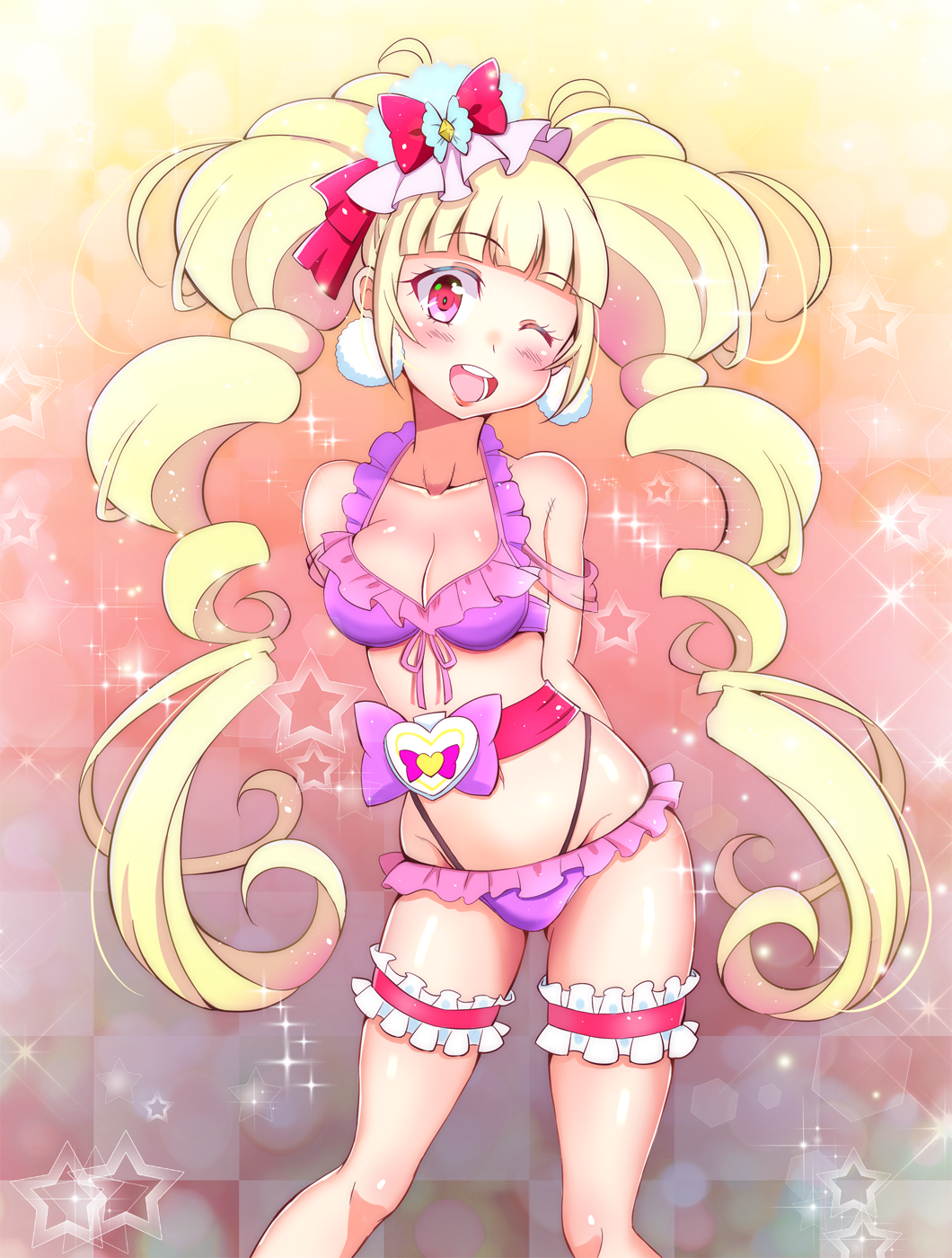 ;d aisaki_emiru alternate_costume arms_behind_back bangs bikini blonde_hair blunt_bangs blush breasts checkered checkered_background cleavage commentary_request cure_macherie eyebrows_visible_through_hair frilled_bikini frills gradient gradient_background hair_ornament highres hugtto!_precure kaatsukun leg_garter long_hair looking_at_viewer magical_girl medium_breasts one_eye_closed open_mouth pink_bikini precure red_eyes smile solo sparkle standing star starry_background swimsuit twintails very_long_hair