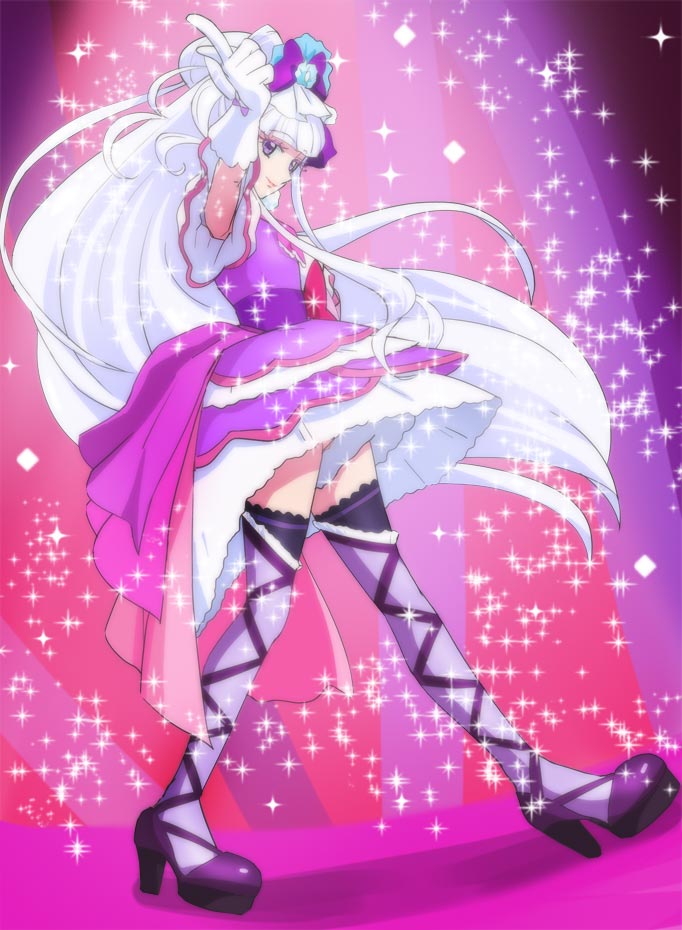 bangs blunt_bangs closed_mouth cure_amour eyebrows_visible_through_hair gloves haruyama_kazunori hugtto!_precure index_finger_raised long_hair looking_at_viewer magical_girl precure purple_legwear purple_skirt ruru_amour skirt smile solo sparkle standing thighhighs white_gloves white_hair