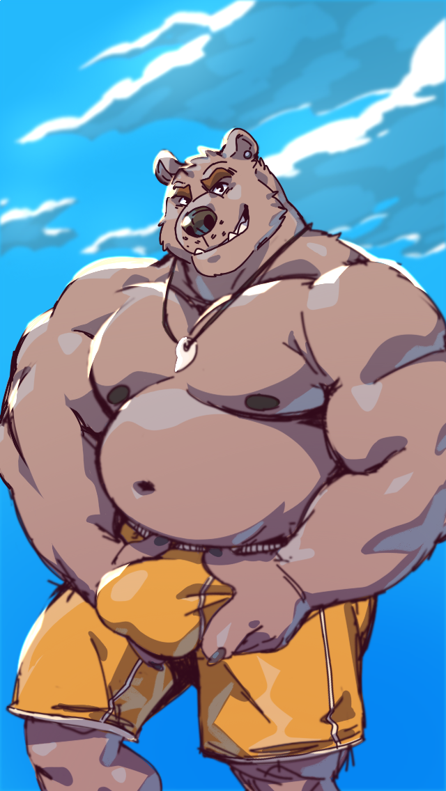 2018 anthro bear belly biceps big_bulge bulge clothing cloud ear_piercing eyebrows jewelry male mammal muscular muscular_male navel necklace nipples overweight overweight_male pecs piercing sky smile solo swimsuit taoren