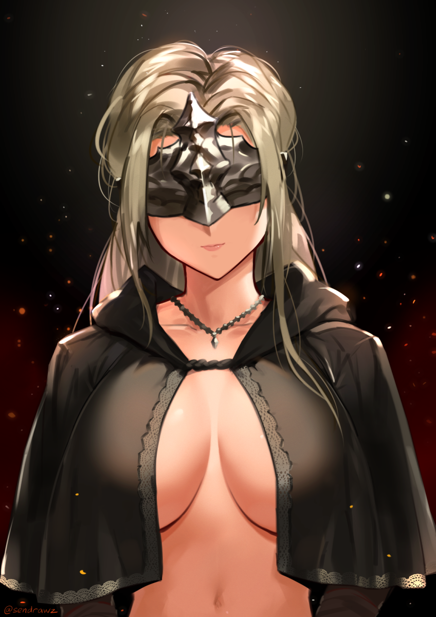 arms_at_sides black_background blindfold blonde_hair breasts capelet cloak collarbone commentary covered_eyes dark_souls_iii english_commentary fire_keeper gradient gradient_background head_tilt highres jewelry large_breasts light_smile lips long_hair mask navel necklace no_undershirt red_background sendrawz solo souls_(from_software) upper_body