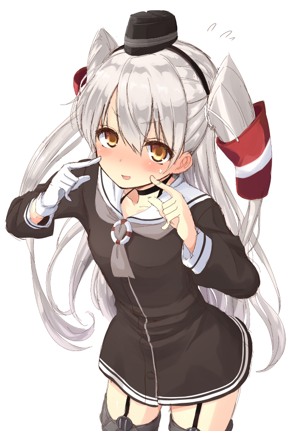 amatsukaze_(kantai_collection) bangs black_choker black_dress black_hairband black_hat blush brown_eyes choker collarbone commentary_request cowboy_shot dress embarrassed eyebrows_visible_through_hair flying_sweatdrops garter_straps gloves grey_neckwear hair_between_eyes hair_tubes hairband hat kantai_collection leaning_forward lifebuoy long_hair looking_at_viewer mini_hat neckerchief open_mouth pointing pointing_at_self sailor_dress short_dress silver_hair simple_background single_glove smile solo standing sweatdrop two_side_up uro white_background windsock