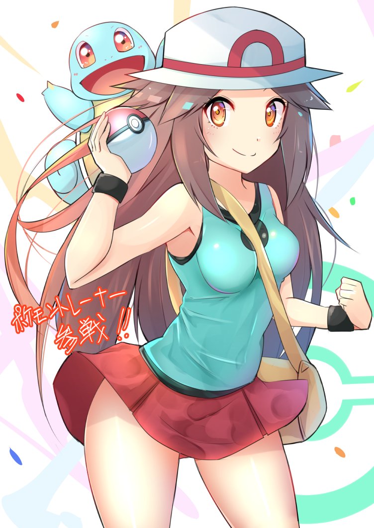 aqua_skirt bag bare_shoulders blue_(pokemon) blue_shirt blush breasts commentary_request covered_navel cowboy_shot hat holding holding_poke_ball long_hair looking_at_viewer medium_breasts miniskirt orange_eyes pleated_skirt poke_ball poke_ball_(generic) poke_ball_print pokemon pokemon_(game) pokemon_frlg print_hat racket_ti1 red_skirt shirt skirt sleeveless sleeveless_shirt smile solo_focus squirtle sun_hat super_smash_bros. super_smash_bros._ultimate translation_request very_long_hair white_hat wind wind_lift wristband