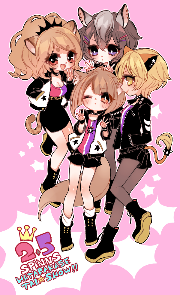 :d animal_ears big_hair black_footwear black_shorts blonde_hair blush boots breasts bright_pupils brown_hair brown_legwear cheety_(show_by_rock!!) chino_machiko cleavage closed_mouth fennery_(show_by_rock!!) hair_ornament hairclip hands_up jacket jewelry laina_(show_by_rock!!) multiple_girls necklace one_eye_closed open_clothes open_jacket open_mouth orange_eyes pantyhose pink_background ponytail purple_eyes red_eyes shorts show_by_rock!! simple_background smile socks tail white_legwear yellow_eyes zebrina_(show_by_rock!!)