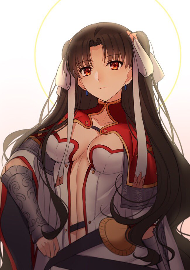 bangs black_hair blue_earrings bracer breasts capelet center_opening cleavage closed_mouth collarbone commentary cosplay earrings eyebrows_visible_through_hair fate/grand_order fate_(series) hair_ribbon ishtar_(fate/grand_order) jewelry long_hair looking_at_viewer medium_breasts navel parted_bangs red_eyes ribbon saint_martha saint_martha_(cosplay) solo two_side_up upper_body white_background yaoshi_jun