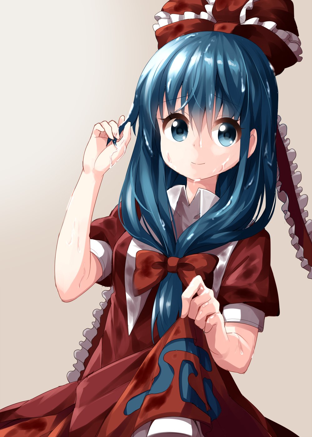 aqua_eyes aqua_hair bangs bow breasts closed_mouth collared_shirt commentary dress dutch_angle eyebrows_visible_through_hair face frilled_dress frilled_ribbon frills front_ponytail gradient gradient_background hair_bow hair_ribbon highres holding holding_hair kagiyama_hina kerchief long_hair looking_at_viewer puffy_short_sleeves puffy_sleeves red_dress red_ribbon ribbon ruu_(tksymkw) shirt short_sleeves skirt_hold sleeve_cuffs small_breasts smile solo standing swirl touhou upper_body water wet wet_clothes wet_dress wet_hair white_background white_collar white_frills