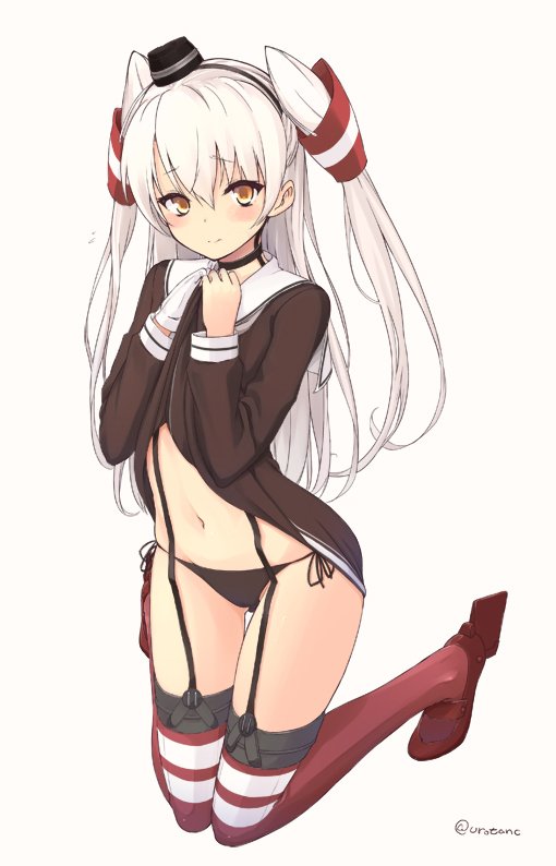 amatsukaze_(kantai_collection) ass_visible_through_thighs bangs black_choker black_hairband black_hat black_panties blush brown_eyes choker closed_mouth commentary_request dress dress_lift full_body garter_straps gloves hair_tubes hairband hat kantai_collection kneeling lifted_by_self long_hair looking_at_viewer mini_hat navel panties red_footwear red_legwear sailor_dress shoes short_dress side-tie_panties silver_hair single_glove smile solo striped striped_legwear thigh_gap thighhighs twitter_username two_side_up underwear uro white_gloves windsock
