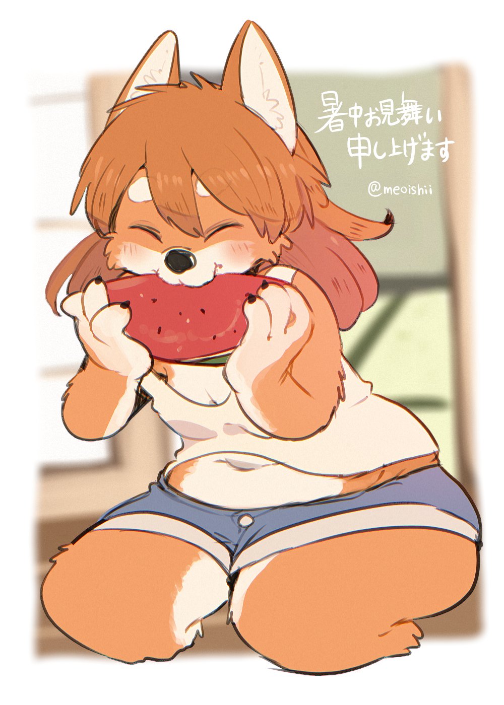 1girl artist_request brown_hair dog eating eyes_closed furry short_hair solo