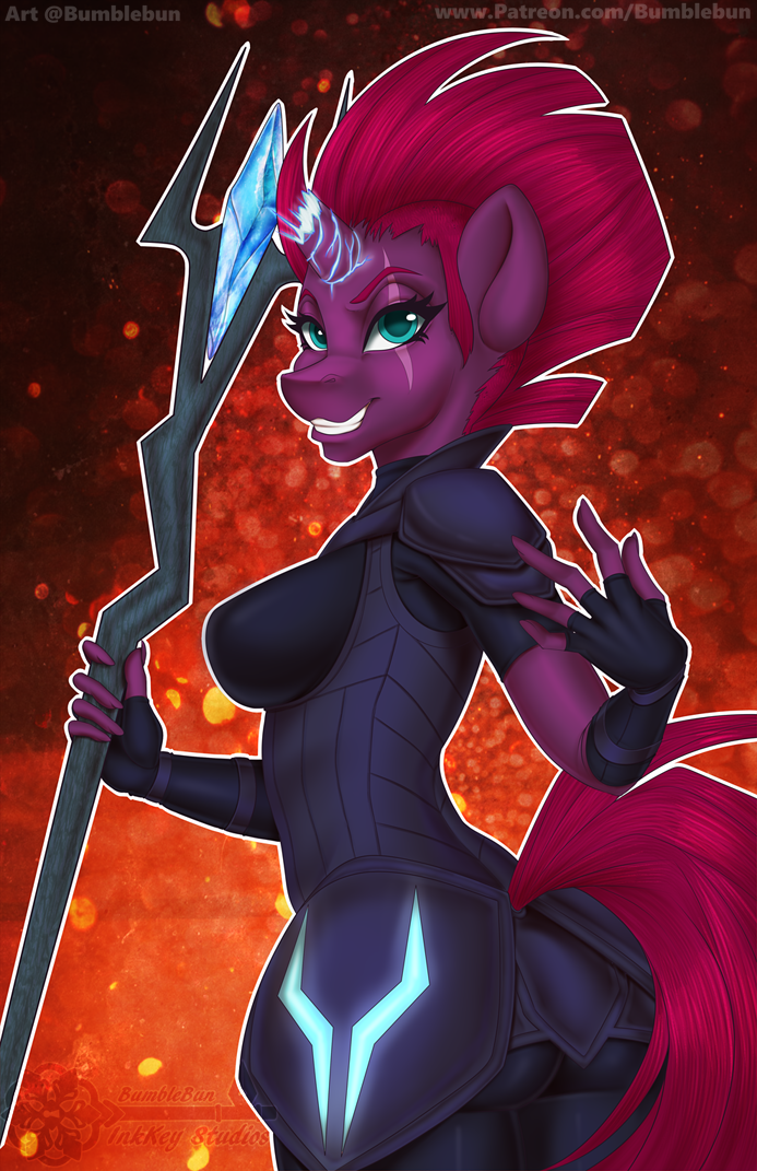 2018 5_fingers abstract_background anthro bodysuit breasts broken_horn bumblebun butt butt_pose clothed clothing english_text equine eye_scar eyebrows eyelashes female fingerless_gloves fully_clothed gloves grin hair holding_object holding_weapon horn looking_at_viewer looking_back makeup mammal mascara my_little_pony my_little_pony_the_movie pink_hair portrait pose rear_view scar short_hair side_boob skinsuit smile solo staff standing teal_eyes teeth tempest_shadow_(mlp) text three-quarter_portrait tight_clothing unicorn url watermark weapon