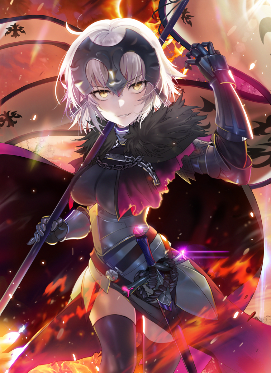 ahoge armor armored_dress bangs black_armor black_dress black_legwear breasts chain collar commentary_request dress embers fate/grand_order fate_(series) faulds fire flag fur_trim gauntlets grin hair_between_eyes hand_up headpiece highres jeanne_d'arc_(alter)_(fate) jeanne_d'arc_(fate)_(all) large_breasts light_particles looking_at_viewer metal_collar pale_skin plackart seicoh sheath short_hair silver_hair smile solo sword thighs vambraces weapon yellow_eyes