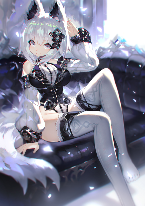 animal_ear_fluff animal_ears bare_shoulders breasts detached_sleeves fox_ears fox_tail large_breasts leotard looking_at_viewer mamuru original short_hair silver_eyes silver_hair silver_trim sitting smile solo tail thighhighs