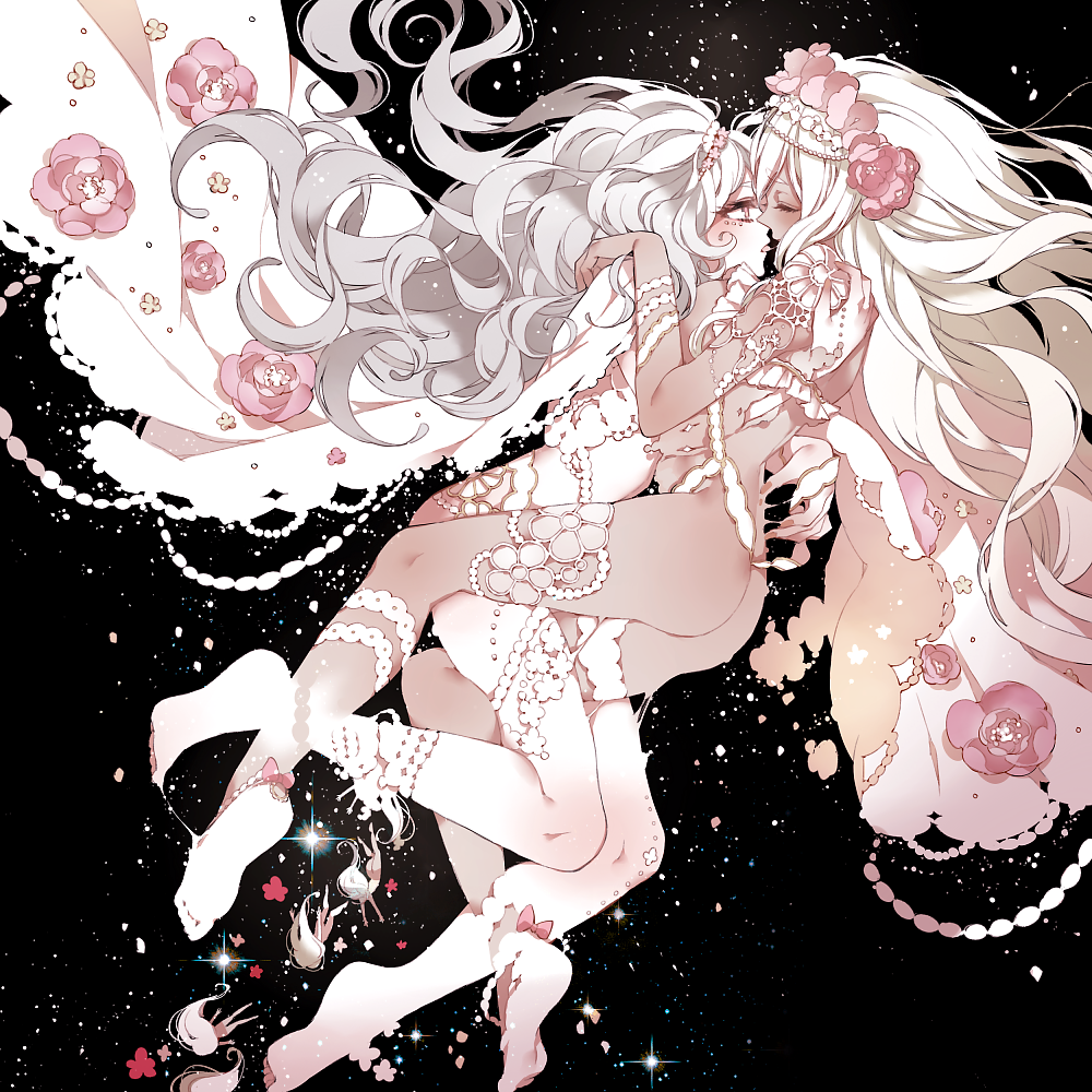 ankleband ass black_background blonde_hair cape chino_machiko closed_eyes eye_contact flower from_side grey_hair long_hair looking_at_another multiple_girls original pink_flower pink_rose rose sparkle thighhighs tongue tongue_out very_long_hair white_cape white_legwear yuri