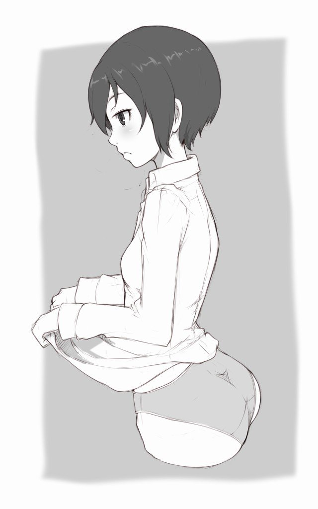 ass bangs closed_mouth commentary_request cowboy_shot cropped_legs crotch_seam dress_shirt from_side greyscale ina_(gokihoihoi) kino kino_no_tabi light_frown monochrome no_pants outside_border panties shirt shirt_lift short_hair solo standing underwear