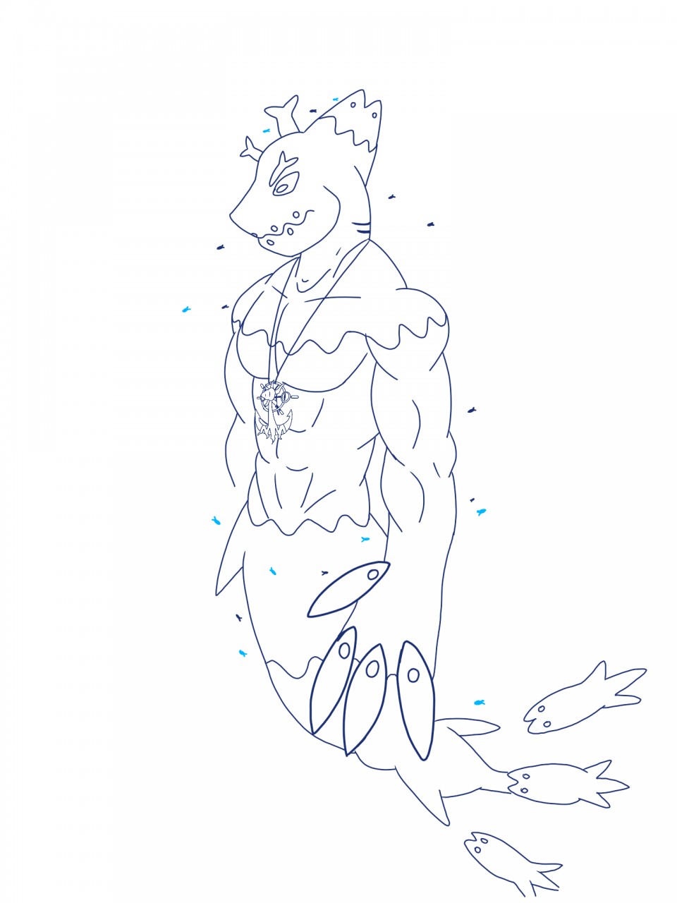 2017 4_fingers abs anchor anthro anthrofied biceps big_hands blue_and_white collarbone dhelmise digital_drawing_(artwork) digital_media_(artwork) fin fish frown full-length_portrait head_fin jewelry male marine merfolk monochrome mostly_nude muscular muscular_male necklace nintendo pecs pok&eacute;mon pok&eacute;mon_(species) pok&eacute;morph portrait princeangelo100 side_view simple_background solo suspended_in_midair tail_fin video_games white_background wishiwashi_(school_form)