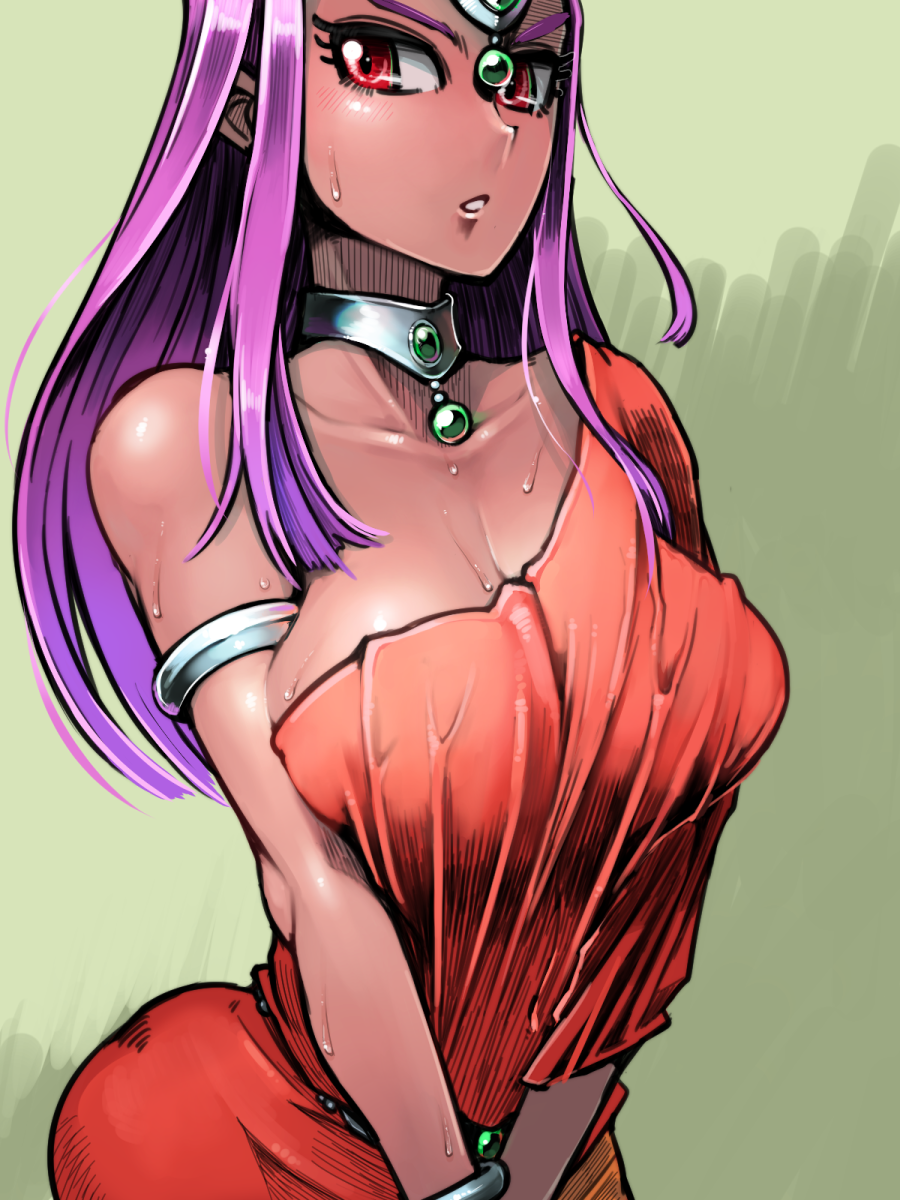 armlet blush breasts circlet cleavage collarbone dark_skin dragon_quest dragon_quest_iv eyelashes gem green_background highres jewelry large_breasts long_hair minea misonou_hirokichi neck_ring parted_lips purple_hair red_eyes sidelocks single_bare_shoulder solo straight_hair sweat v_arms