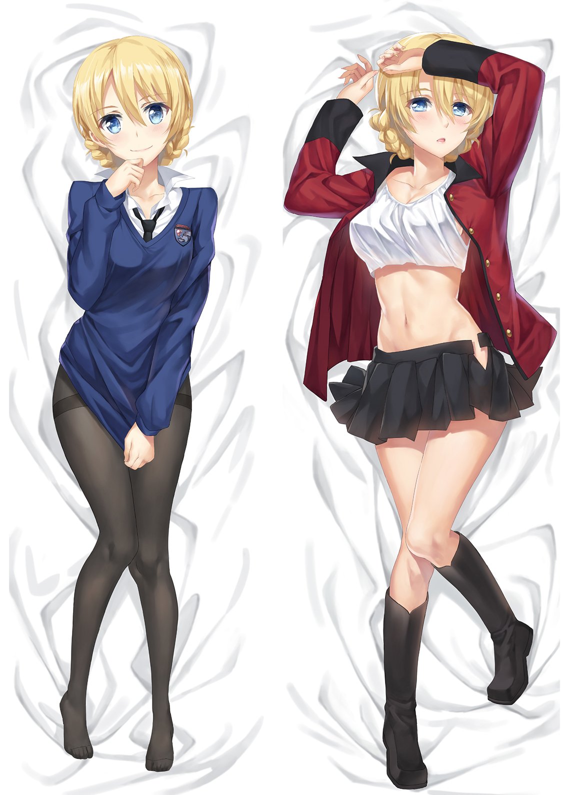 bangs bed_sheet black_footwear black_legwear black_neckwear black_skirt blonde_hair blue_eyes blue_shirt boots bra braid breasts cleavage closed_mouth collar commentary_request cowboy_shot crop_top dakimakura darjeeling emblem eyebrows_visible_through_hair girls_und_panzer hair_between_eyes hand_on_own_chin hands_above_head hands_up highres jacket large_breasts legs long_sleeves looking_at_viewer loose_necktie lying midriff multiple_views navel necktie no_pants on_back open_clothes open_jacket open_mouth open_shirt pantyhose parted_lips pleated_skirt pulled_by_self red_jacket red_shirt shirt shirt_pull short_hair skirt smile st._gloriana's_(emblem) st._gloriana's_military_uniform st._gloriana's_school_uniform thighband_pantyhose thighs tonee underwear white_background white_bra white_shirt