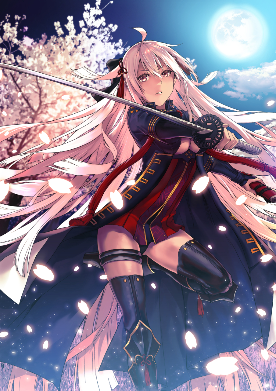 ahoge applekun black_bow bow breasts center_opening cherry_blossoms cleavage commentary dark_skin fate/grand_order fate_(series) full_moon hair_between_eyes hair_bow highres katana long_coat long_hair moon night night_sky okita_souji_(alter)_(fate) okita_souji_(fate)_(all) panties petals sheath sky solo sword thigh_strap thighhighs underwear weapon white_hair yellow_eyes