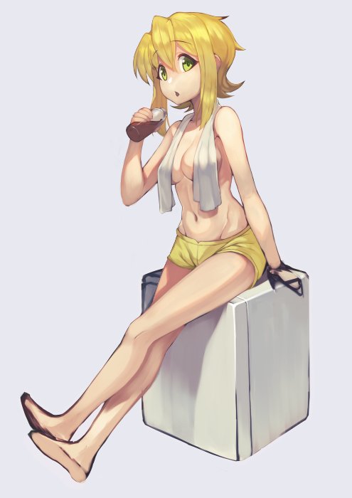 akatsuki_kirika blonde_hair breasts commentary_request cup drink eyebrows_visible_through_hair green_eyes grey_background hair_between_eyes hair_ornament looking_at_viewer medium_breasts navel open_mouth senki_zesshou_symphogear shiny shiny_hair short_hair shorts simple_background sitting solo topless towel towel_around_neck tsukamoto_kensuke white_towel work_in_progress x_hair_ornament yellow_shorts