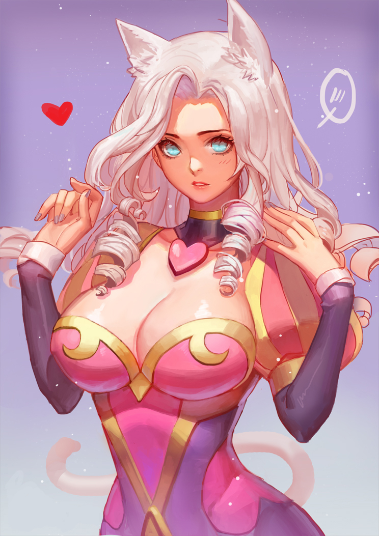 animal_ears ashe_(league_of_legends) blue_eyes blush breasts cat_ears cat_tail cleavage collarbone curly_hair dress heart heartseeker_ashe large_breasts league_of_legends long_hair looking_at_viewer pink_dress purple_background simple_background solo songjikyo tail upper_body white_hair