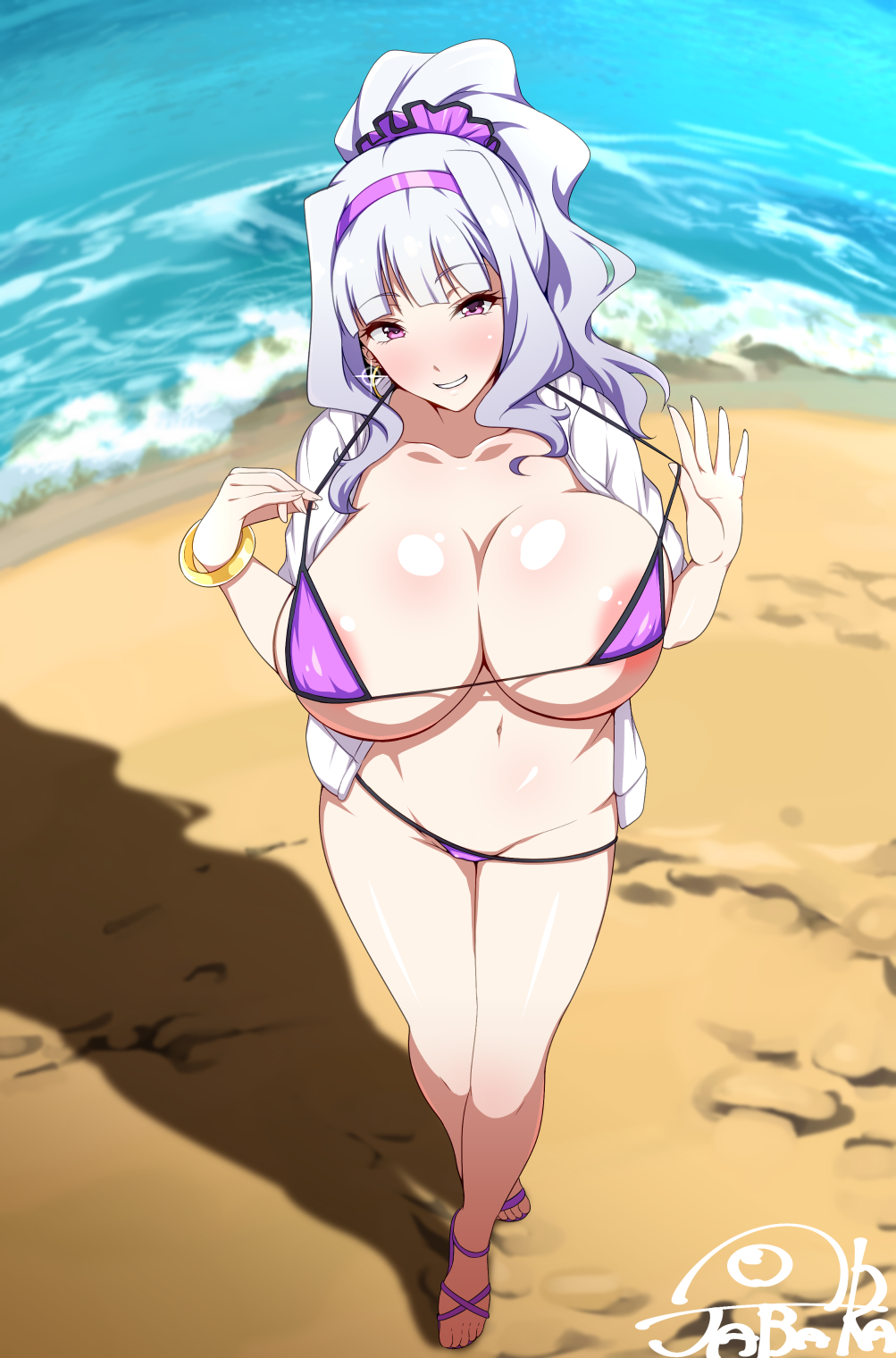 areola_slip areolae bangle beach bikini bikini_pull blush bracelet breasts collarbone commentary_request day earrings eyebrows_visible_through_hair hair_ornament hair_scrunchie hairband hands_up high_ponytail highres huge_breasts idolmaster idolmaster_(classic) jabara_tornado jewelry long_hair looking_at_viewer micro_bikini navel ocean open_clothes open_shirt outdoors parted_lips purple_bikini purple_eyes purple_scrunchie sandals scrunchie shijou_takane shiny shiny_skin shirt sidelocks smile solo sparkle swimsuit white_shirt