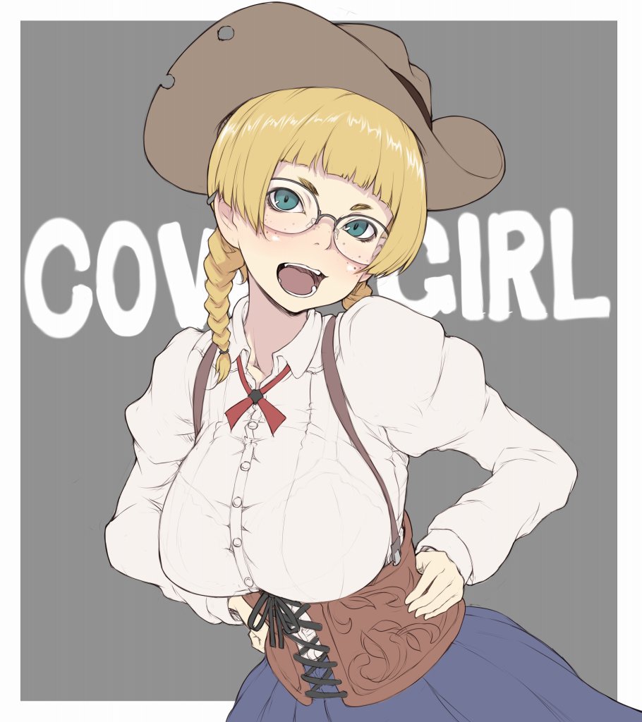 background_text bangs black-framed_eyewear blonde_hair blue_skirt blunt_bangs bra_through_clothes braid breasts brown_hat collared_shirt commentary corset cowboy_hat english freckles glasses green_eyes grey_background hair_over_shoulder hair_tie hands_on_hips hat head_tilt ina_(gokihoihoi) large_breasts leaning_forward long_hair looking_at_viewer neck_ribbon open_mouth original outside_border over-rim_eyewear red_neckwear ribbon semi-rimless_eyewear shirt skirt smile solo standing suspenders twin_braids twintails upper_body white_shirt