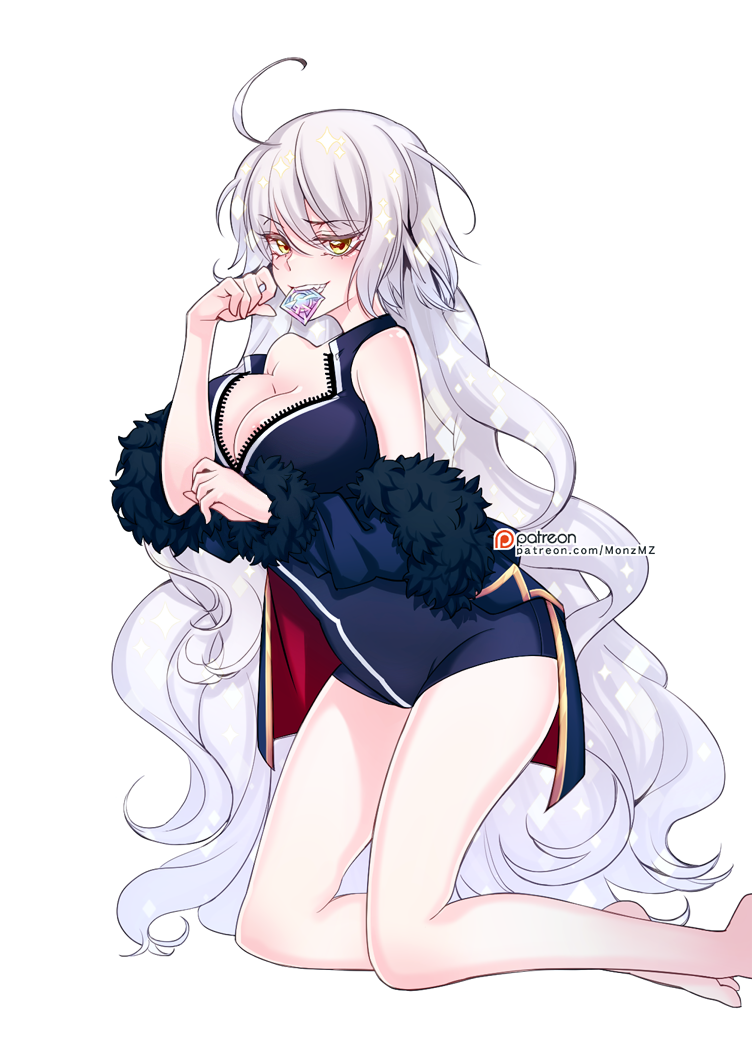 ahoge bangs bare_legs bare_shoulders barefoot blue_coat blue_dress breasts cleavage coat condom condom_in_mouth dress eyebrows_visible_through_hair eyes_visible_through_hair fate/grand_order fate_(series) fur-trimmed_sleeves fur_collar fur_trim grin hair_between_eyes jeanne_d'arc_(alter)_(fate) jeanne_d'arc_(fate)_(all) kneeling large_breasts long_hair long_sleeves microdress monzmz mouth_hold off_shoulder open_clothes open_coat patreon_logo patreon_username silver_hair sleeveless sleeveless_dress smile solo teeth unzipped very_long_hair wicked_dragon_witch_ver._shinjuku_1999 yellow_eyes zipper