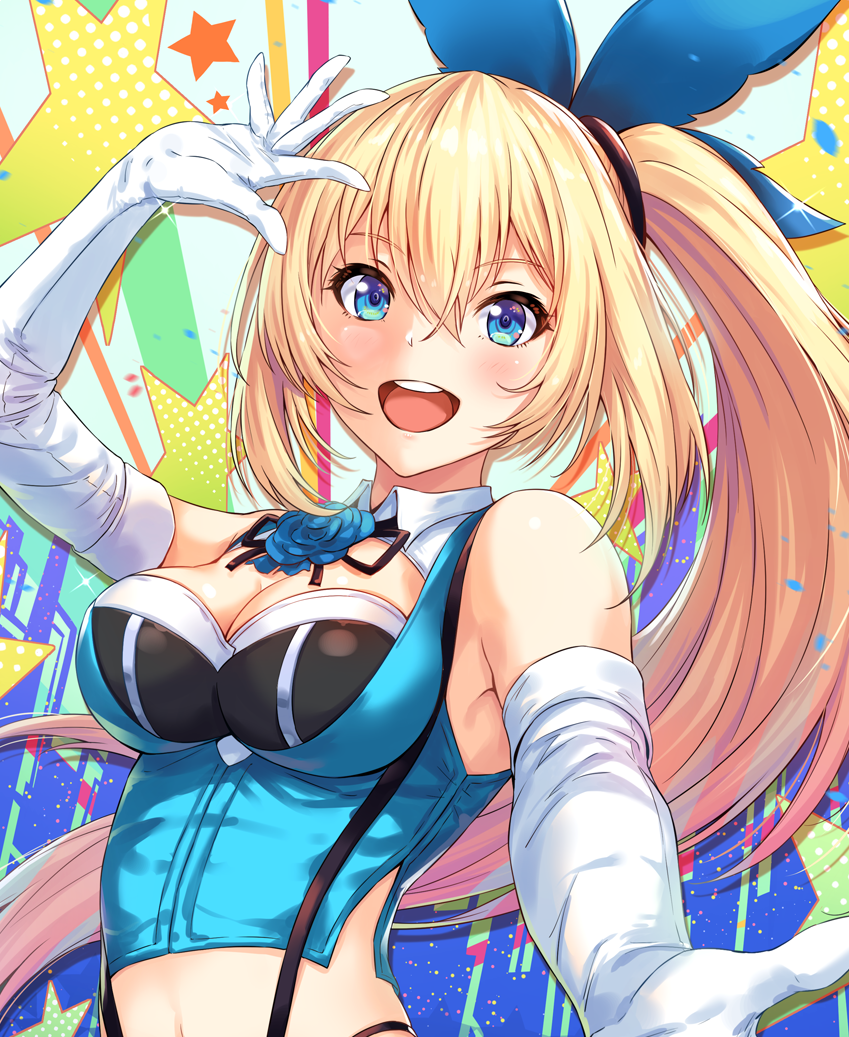 :d arm_up armpits bangs bare_shoulders black_ribbon blonde_hair blue_eyes blue_flower blue_rose blue_sky blush breasts cleavage cloud collar commentary_request elbow_gloves eyebrows_visible_through_hair flower framed_breasts gloves hair_ribbon hand_up highleg large_breasts long_hair looking_at_viewer mirai_akari mirai_akari_project open_mouth outstretched_arm reaching_out ribbon rose sakiyamama side_ponytail sidelocks sky smile solo suspenders upper_body virtual_youtuber white_gloves