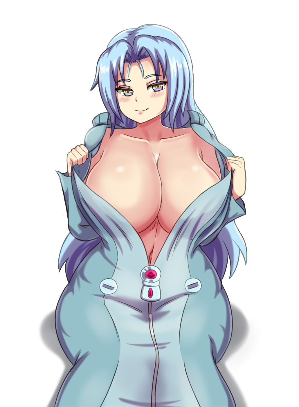 blue_bodysuit blue_hair blush bodysuit breasts cleavage collarbone commentary english_commentary eyebrows_visible_through_hair highres huge_breasts long_hair looking_at_viewer multicolored multicolored_clothes multicolored_eyes nav navel open_bodysuit open_clothes rainbow_eyes seductive_smile simple_background sitting smile solo star_breaker suguri white_background