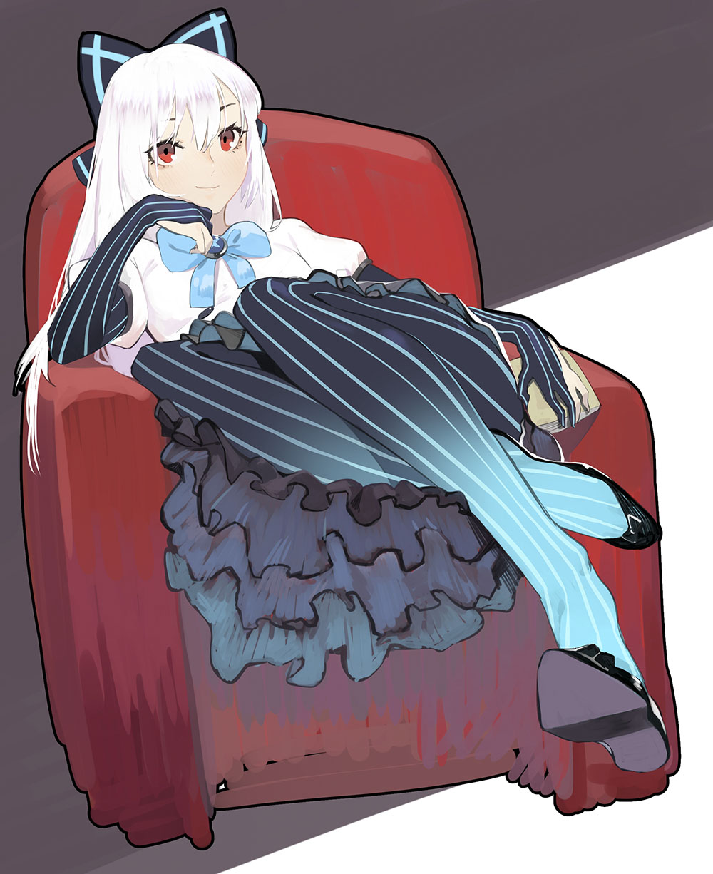 bad_id bad_pixiv_id bangs black_footwear blue_bow book bow buttons chair couch dress elbow_gloves girls_frontline gloves hair_between_eyes hair_bow highres holding holding_book juz layered_dress long_hair pantyhose partly_fingerless_gloves puffy_short_sleeves puffy_sleeves red_eyes shadow shoe_dangle short_sleeves sidelocks silver_hair simple_background sitting smile solo striped striped_background striped_gloves striped_legwear tokarev_(girls_frontline) vertical-striped_legwear vertical_stripes white_dress