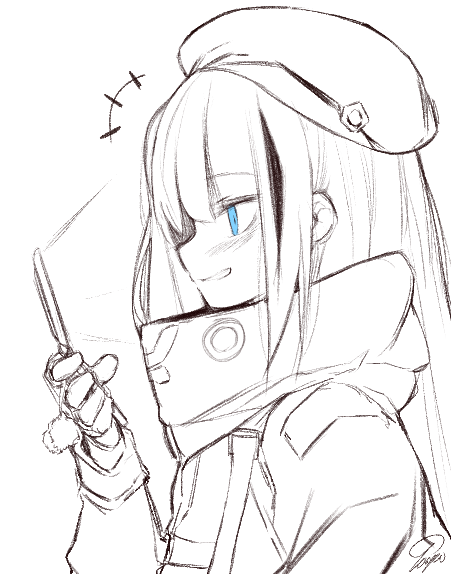 1girl bangs beret blue_eyes cellphone eyebrows_visible_through_hair flip_phone girls_frontline gloves greyscale grin hat long_hair long_sleeves mdr_(girls_frontline) monochrome multicolored_hair phone sidelocks signature simple_background sketch smile smirk solo spot_color streaked_hair tosyeo