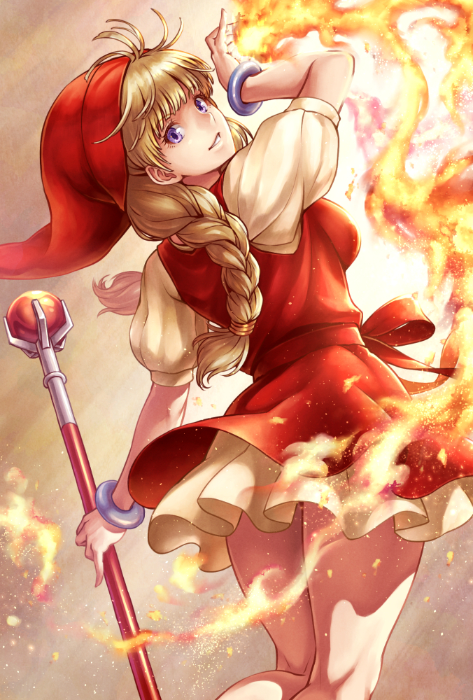 bangs blonde_hair bracelet braid breasts dragon_quest dragon_quest_xi dress eyebrows_visible_through_hair fire from_behind hat holding holding_staff jewelry kneepits long_hair looking_back medium_breasts puffy_short_sleeves puffy_sleeves purple_eyes red_dress red_hat ryou_(pix_gallerio) short_dress short_sleeves smile solo staff twin_braids veronica_(dq11)