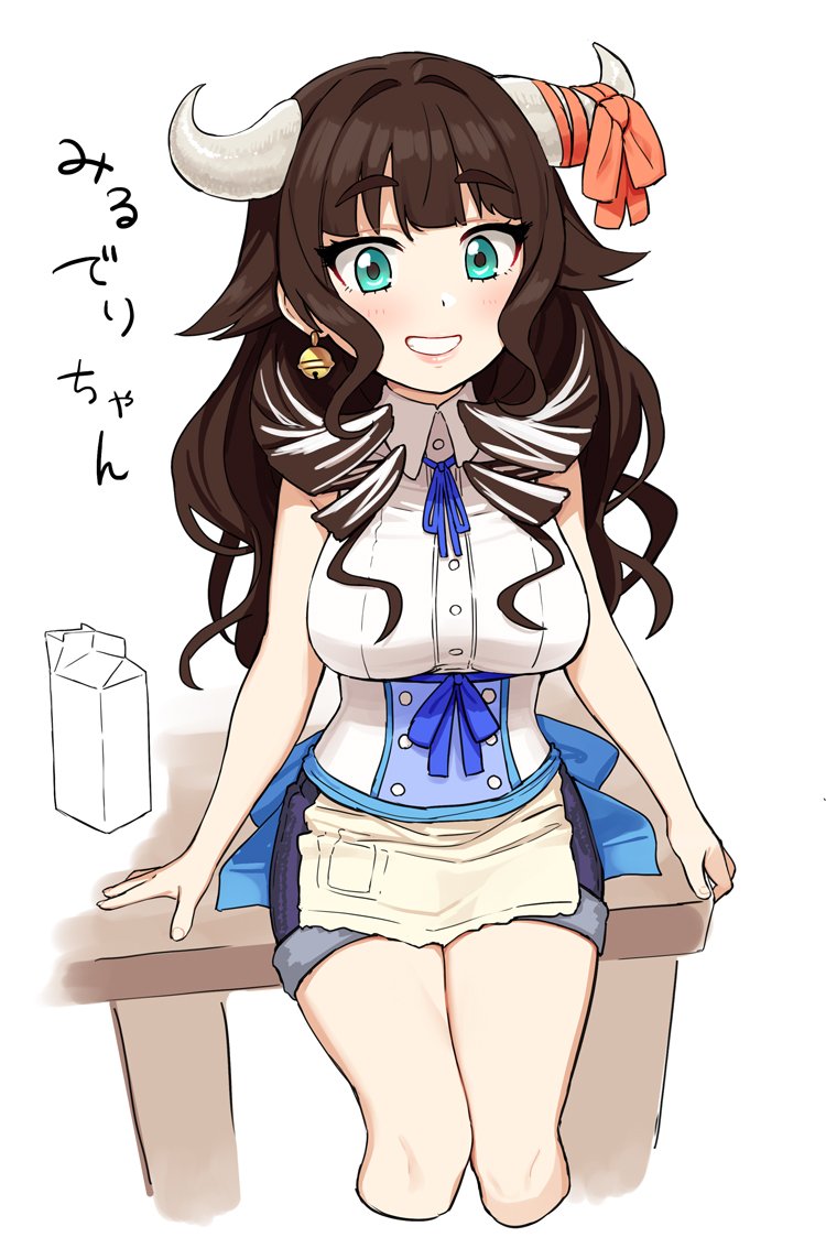 against_table apron aqua_eyes bangs bare_arms bell bell_earrings blue_bow blue_neckwear blue_ribbon blue_shorts bow breasts brown_hair collared_shirt cow_girl cow_horns denim denim_shorts double-breasted drill_hair earrings eyebrows_visible_through_hair grin horn_ribbon horns jewelry knees_together large_breasts long_hair looking_at_viewer mildeli milk_carton neck_ribbon omaru_gyuunyuu original red_ribbon ribbon shirt short_shorts shorts sleeveless smile solo table thick_eyebrows translated white_background white_shirt