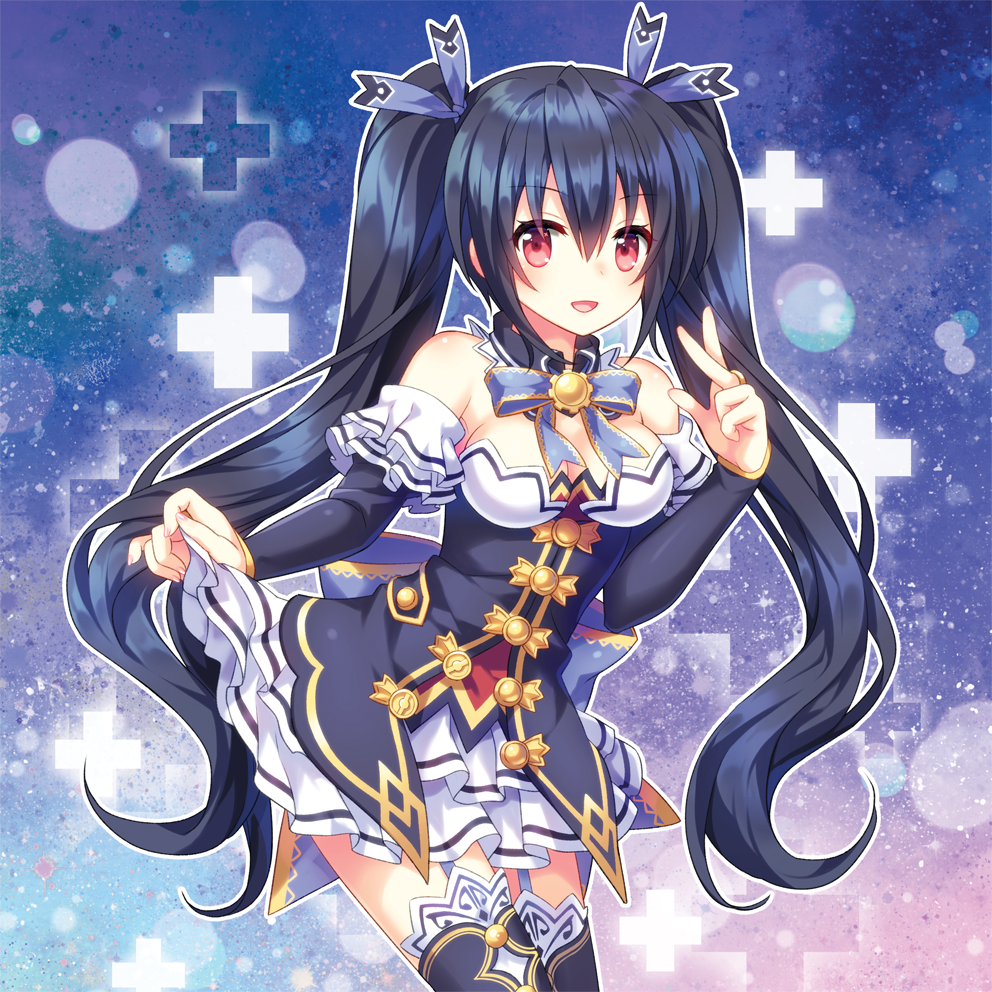 :d bare_shoulders black_hair breasts choker cleavage detached_collar detached_sleeves frilled_skirt frills garter_straps hair_between_eyes hair_ribbon leaning_forward long_hair looking_at_viewer medium_breasts narinn neptune_(series) noire open_mouth red_eyes ribbon ribbon-trimmed_skirt ribbon_choker ribbon_trim skirt skirt_hold smile solo thighhighs twintails very_long_hair white_skirt